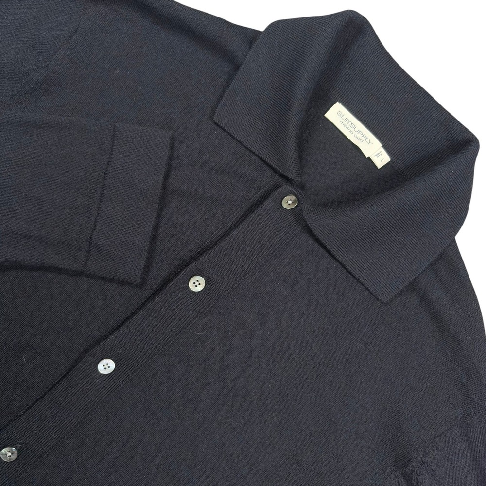 Suitsupply Merino Wool Polo Cardigan Mens L Black Long Sleeve Lightweight Luxury